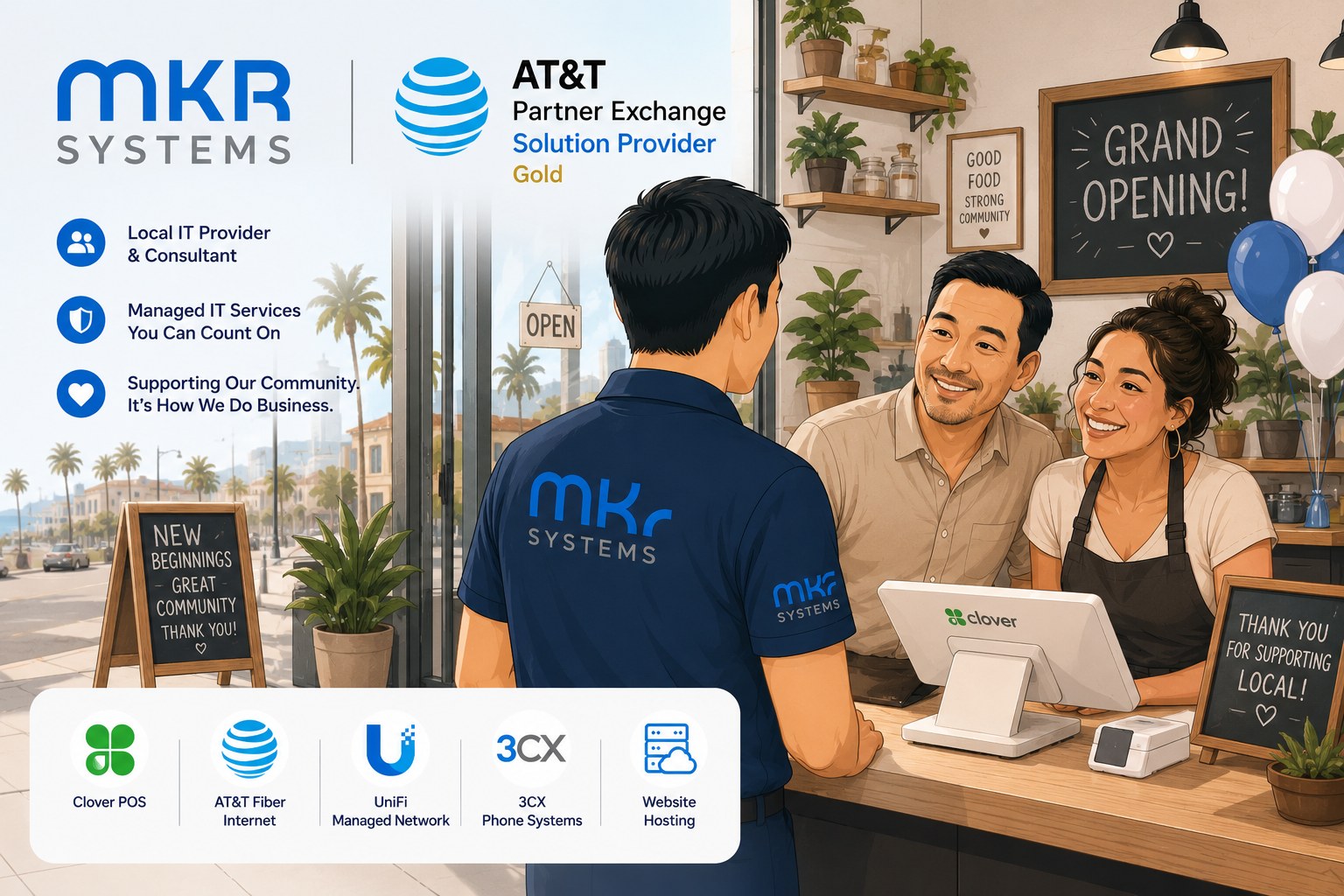 MKR Systems — AT&T Partner Exchange Solution Provider Gold. Local Southern California IT provider supporting small businesses: Clover POS, AT&T Fiber, UniFi network, 3CX phones, and website hosting.