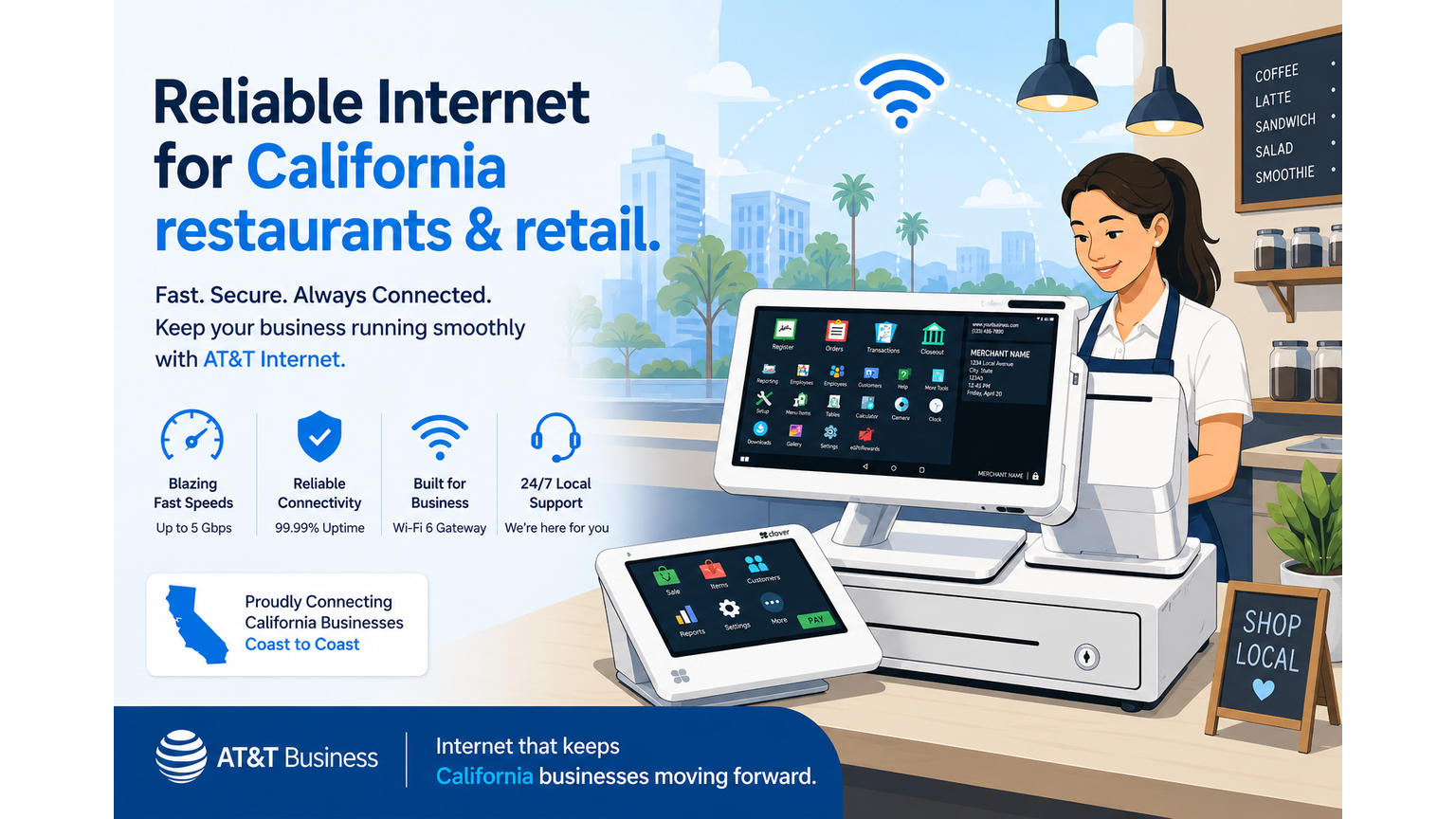 Reliable Internet for California restaurants and retail — AT&T Business fiber with 5G failover keeping a Clover POS online