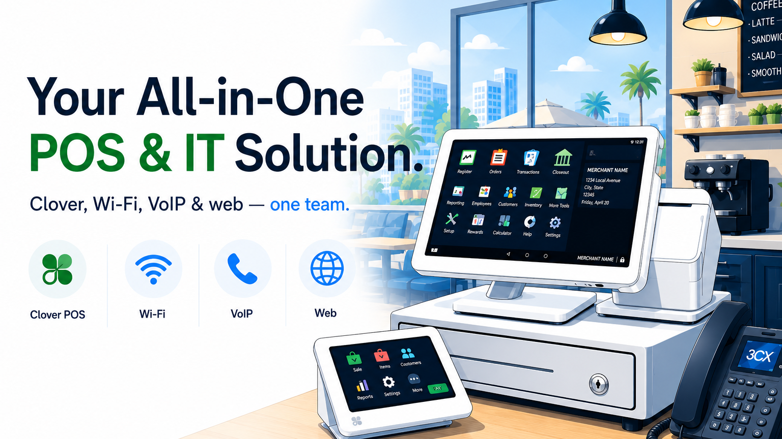 Your all-in-one POS & IT solution — Clover POS, Wi-Fi, VoIP phone, and web services from one local MKR Systems team