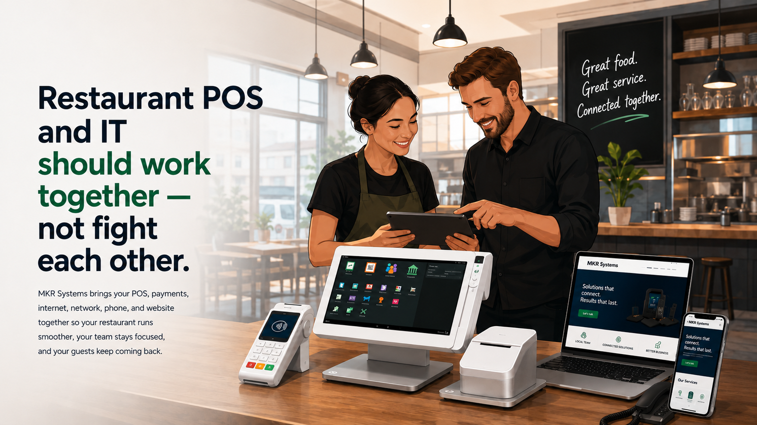 Restaurant POS and IT should work together — MKR Systems connects Clover POS, payments, AT&T internet, UniFi network, 3CX phone, and website into one connected system
