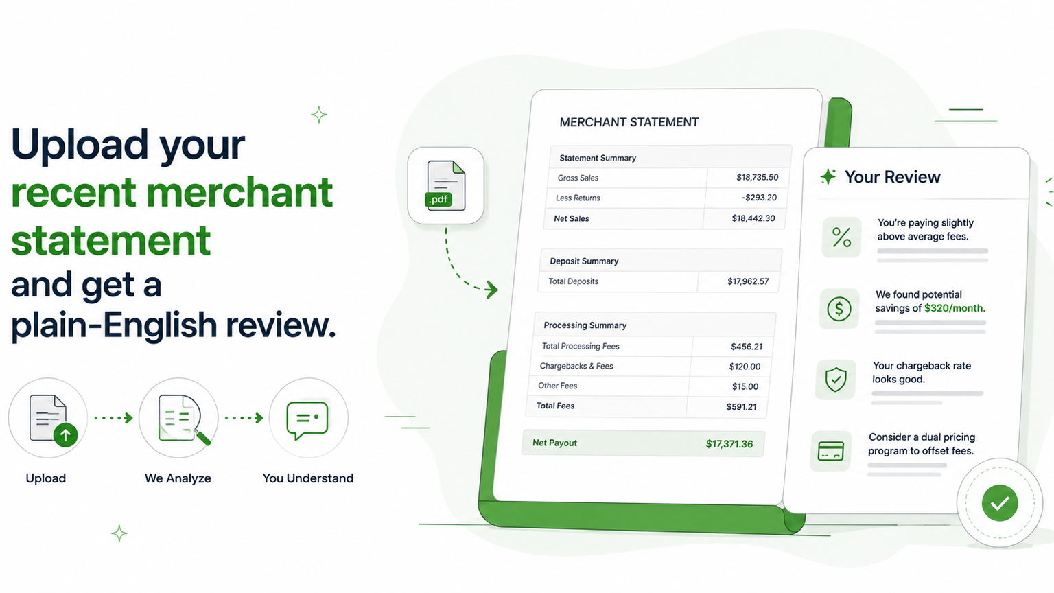 Upload your recent merchant statement and get a plain-English review — MKR analyzes your fees and finds potential savings