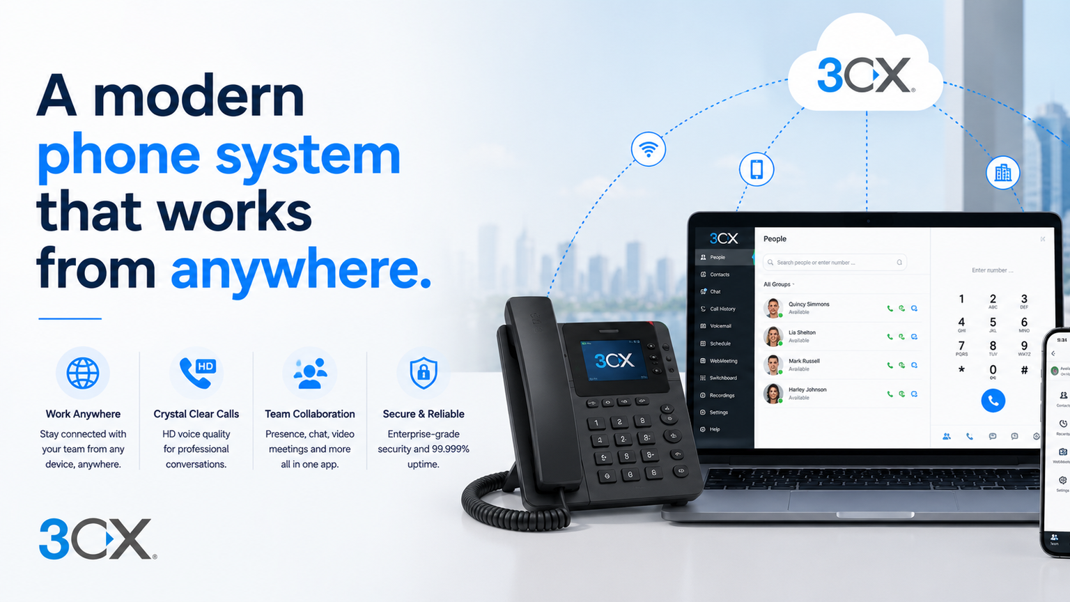 A modern phone system that works from anywhere — 3CX desk phone, laptop softphone, and mobile app for business communication