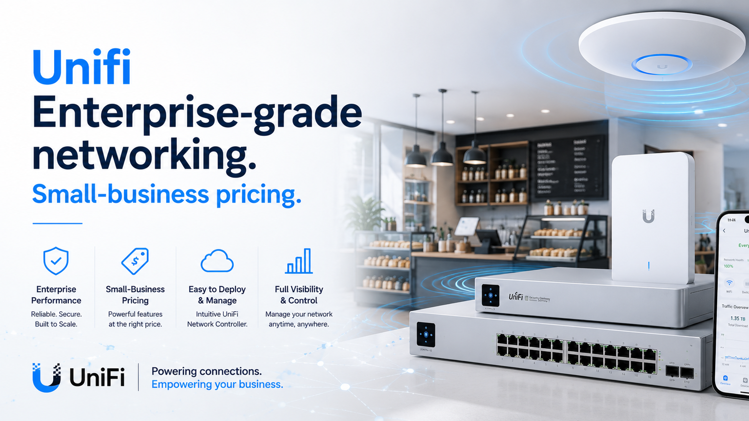 UniFi enterprise-grade networking at small-business pricing — access point, switch, gateway, and UniFi Network app for restaurants and retail
