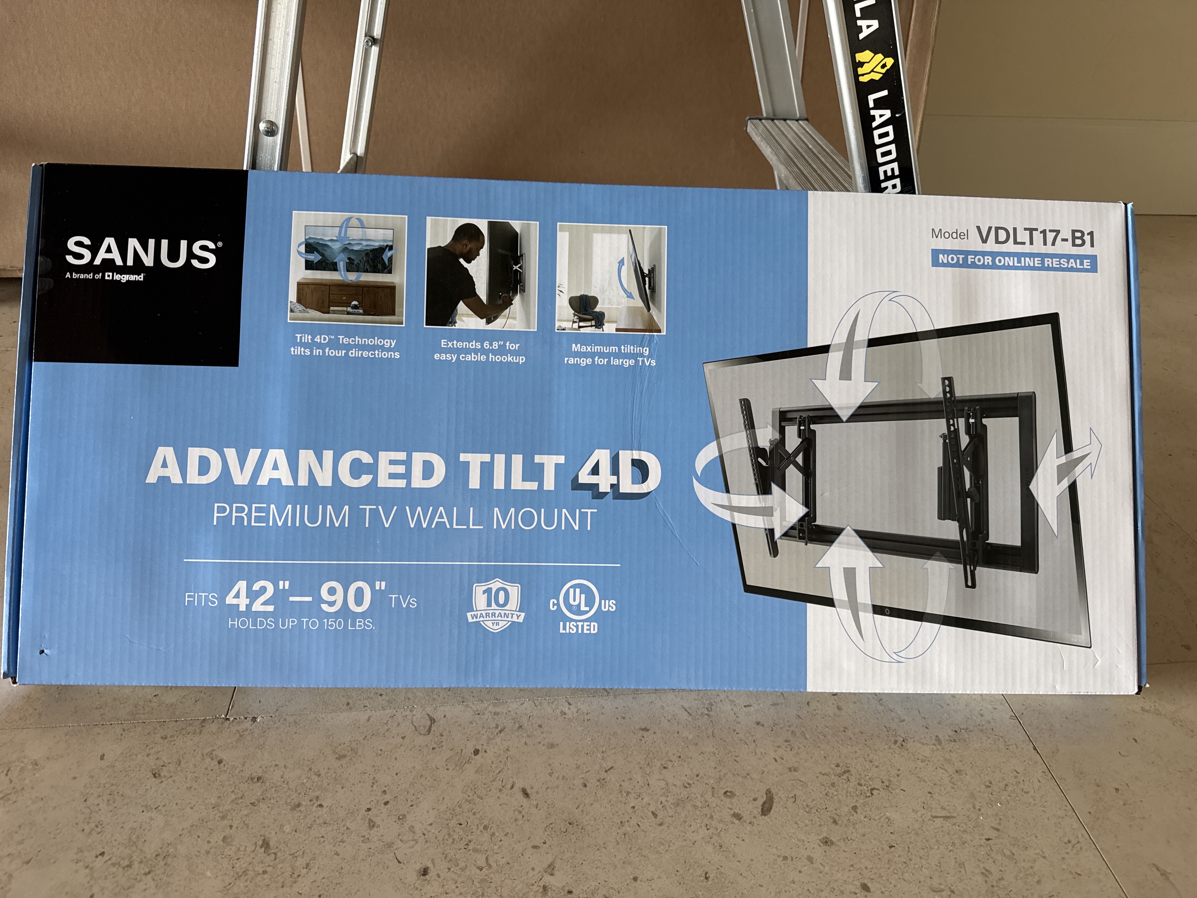 Sanus VDLT17-B1 Advanced Tilt 4D Premium TV Wall Mount box — fits 42 to 90 inch TVs, holds 150 lbs, UL listed